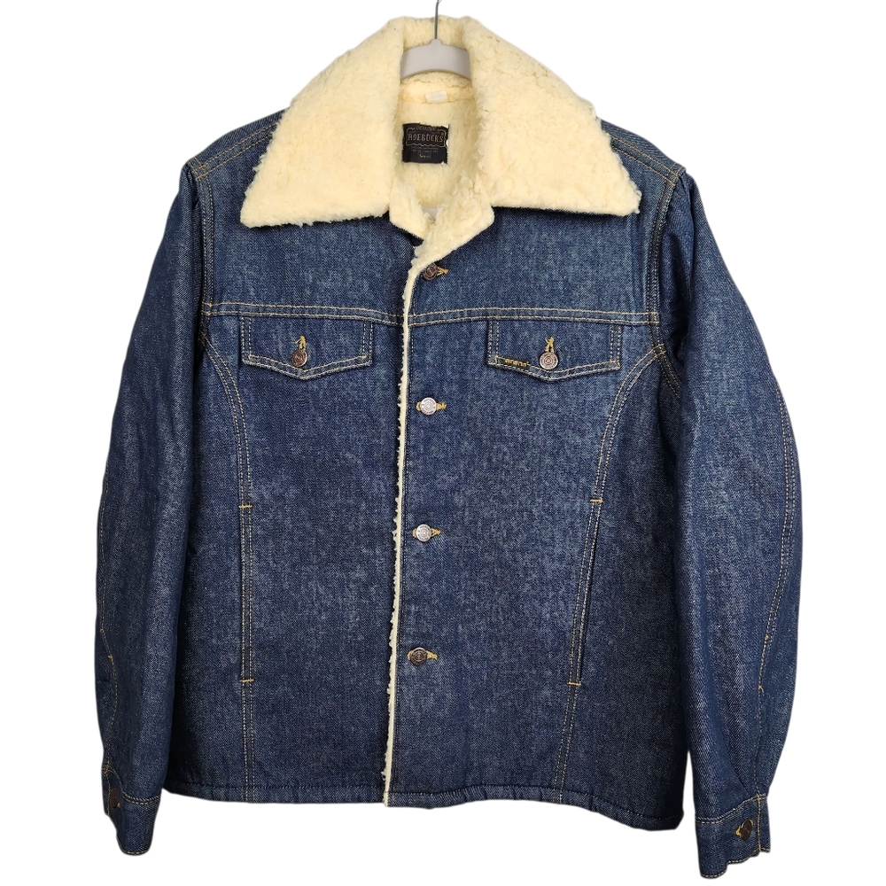 Vintage Sears Roebuck Shotgun Button Denim Trucker Jacket Sherpa Mens Size XL